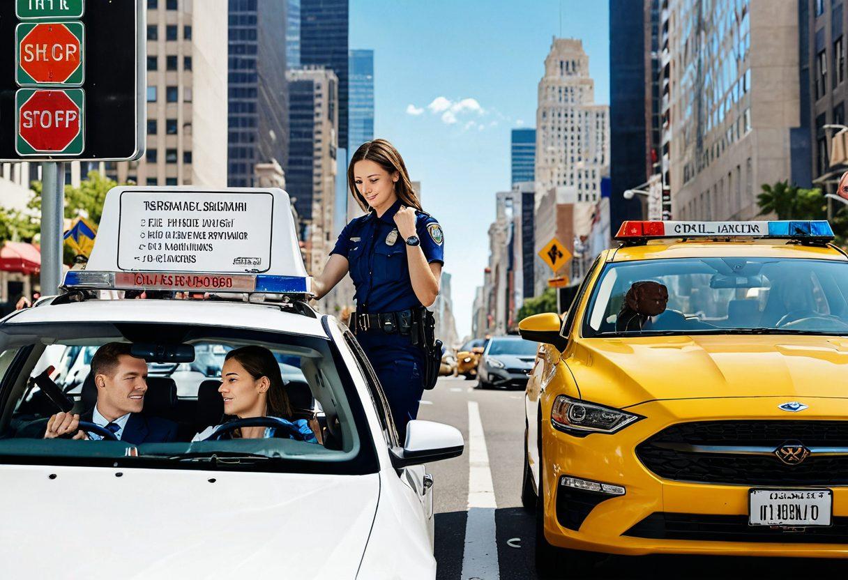A split scene depicting a frustrated driver receiving a traffic ticket on one side, and on the other, a relieved person paying their fine online with a smartphone. Include a digital scoreboard showing fines being cleared and an urban street backdrop with traffic signs subtly visible. Infuse a sense of resolution and ease into the online payment experience. super-realistic. vibrant colors. 3D.
